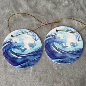 Liz Lind Editions Ceramic Ornaments Set 2 Ocean Wave Art Coastal Beach Decor 3"
